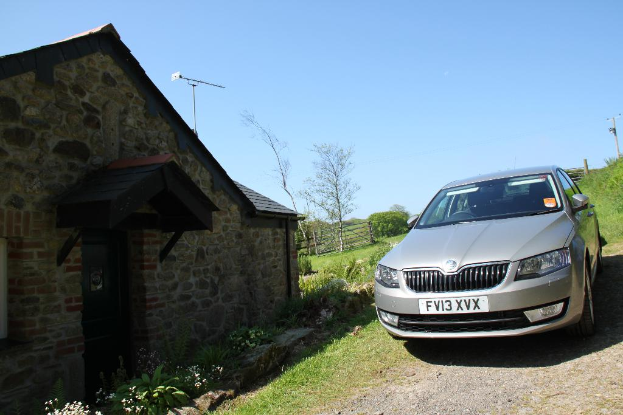 Eine Szene mit einem Haus, einem Zaun und verschiedenen Pflanzen und Bäumen links und einem Auto, mehr Pflanzen, einem Strommast und Gras rechts unter einem sonnigen Himmel.