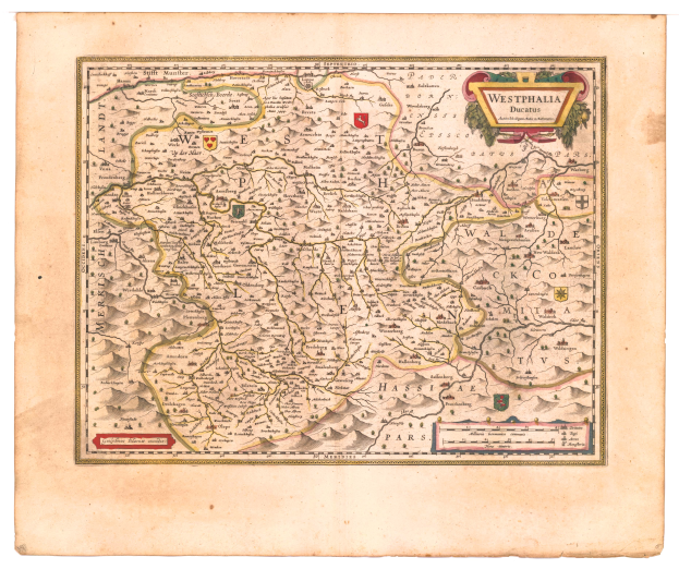 Eine alte Karte von Westfalen, Deutschland, mit den Provinzen des Königreichs England und Wales deutlich sichtbar, auf Papier gedruckt mit detaillierten Texten über die Region.