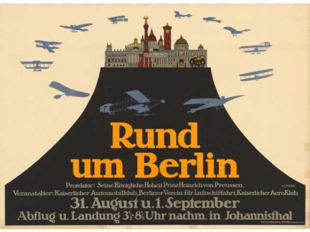 Ein Plakat, das eine Berliner Luftschau bewirbt, mit einem Gebäude im Hintergrund und mehreren Flugzeugen am Himmel, der Text lautet "Rund um Berlin".