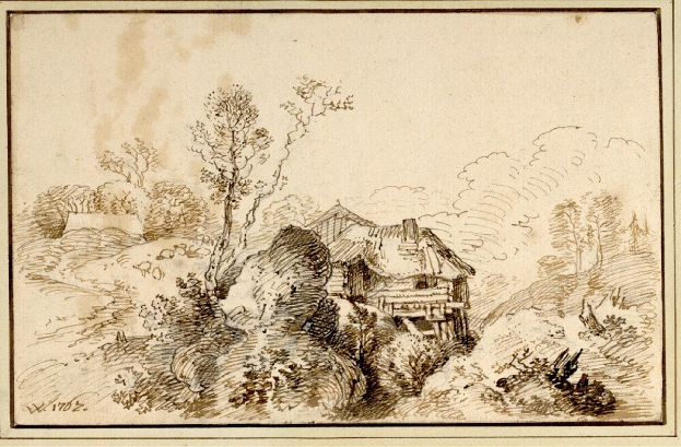 Eine bewaldete Landschaft mit einem Haus in der Ferne, umgeben von Bäumen und Pflanzen, eingerahmt von einem Photo-Rahmen, vermittelt eine friedliche und ruhige Atmosphäre.