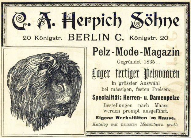 Alte Zeitschriftwerbung mit einem Löwenkopf mit wildem Ausdruck und wallender Mähne, zentral auf dem Plakat mit dem Text 'Löwe' darunter.