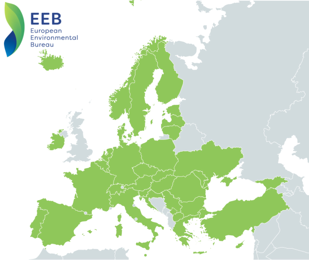 Eine Europakarte mit dem Logo der Europäischen Umweltbüro (EEB) oben links, die in verschiedenen Grüntönen schattiert ist, um die EU-Regionen anzuzeigen.