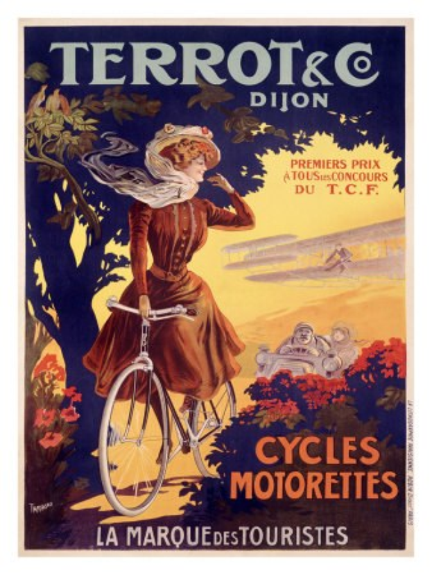 Ein Plakat, das eine Fahrradtour in Frankreich ankündigt, zeigt eine Frau auf einem Fahrrad umgeben von Bäumen, Blumen und anderen Menschen, mit Text auf dem Plakat.