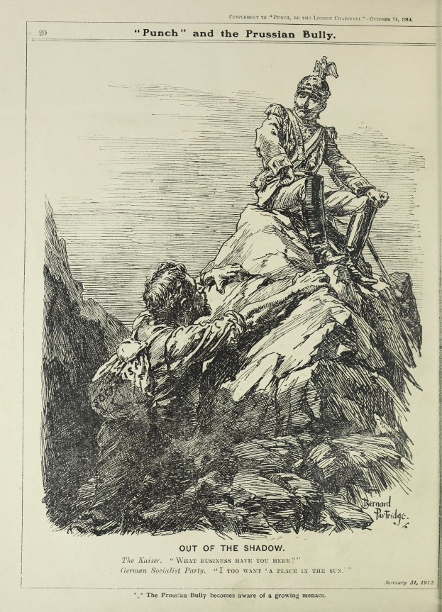 Eine Zeichnung eines Mannes, der auf einem Felsen sitzt und neben ihm eine weitere Person liegt, mit dem Text "Punch und der preußische Bulle" oben und unten.
