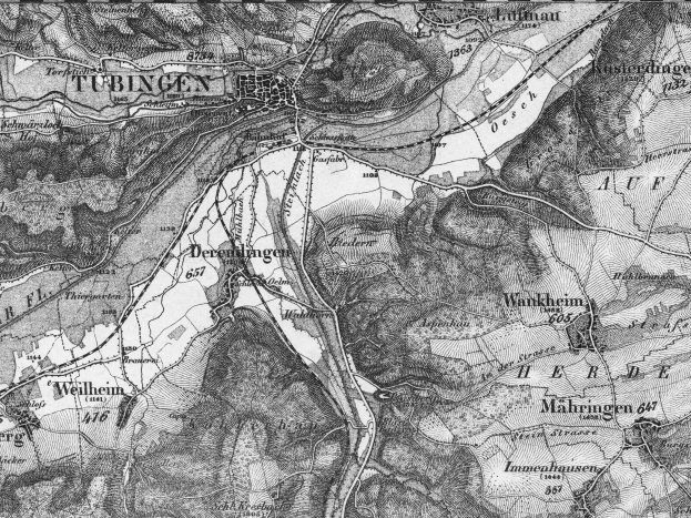 Alte Schwarz-Weiß-Topographische Karte von Tübingen mit Text, zeigt detaillierte Stadtplanung.