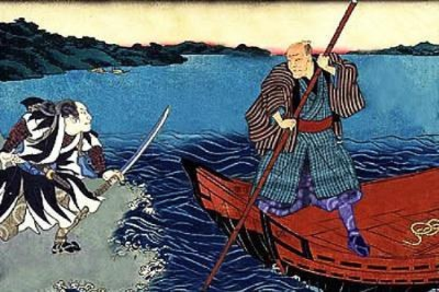 Zwei Männer in einem Boot auf dem Wasser, einer hält einen Stock, mit Hügeln und Himmel im Hintergrund und Text unten, der lautet: "Utagawa Kunisada Toyokuni III/Kuniyoshi Toyokubi III/Ukiyo-e - Die Rückkehr des Samurai".