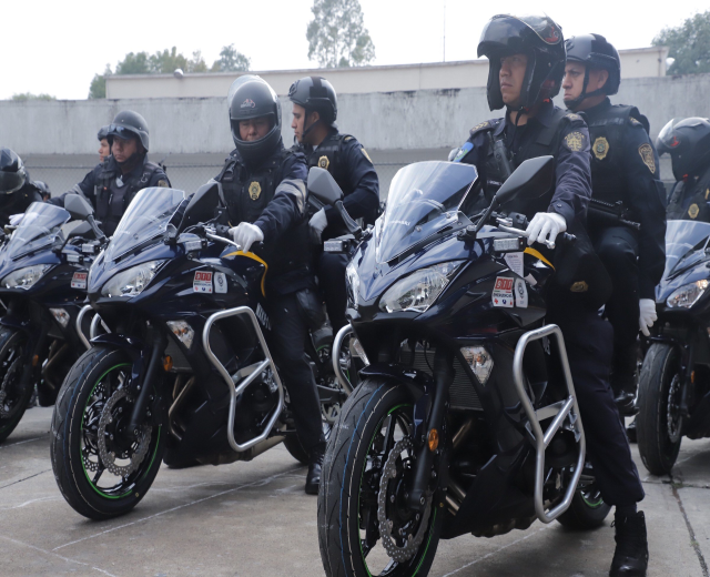 Eine Gruppe von Polizisten in schwarzen Uniformen, Helmen und Handschuhen, die Motorräder in einer Parkanlage mit einer Wand, Bäumen und einem klaren blauen Himmel im Hintergrund fahren.
