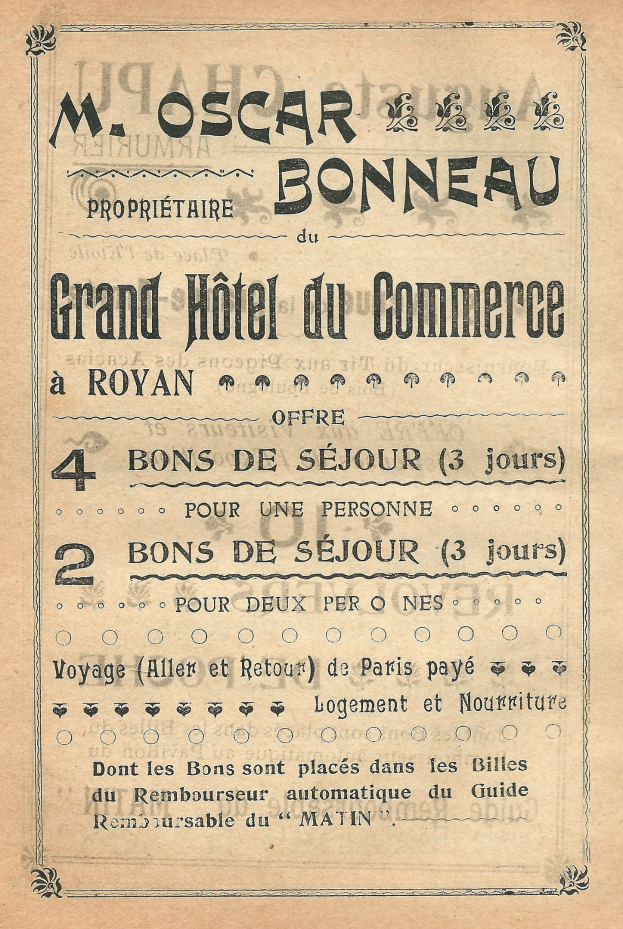 Alte Werbung für das Grand Hotel du Commerce in Paris, Frankreich, mit Text zu den Angeboten des Hotels.