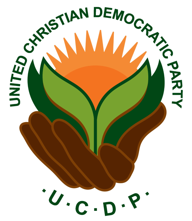 Logo der Vereinigte Christdemokratische Partei (UCDP): eine Hand, die eine leuchtend gelbe Blume mit einem grünen Stiel und Blättern hält, zentriert innerhalb eines blauen und gelben Kreises auf einem weißen Hintergrund, mit der schwarzen Schrift 'UCDP' darunter.