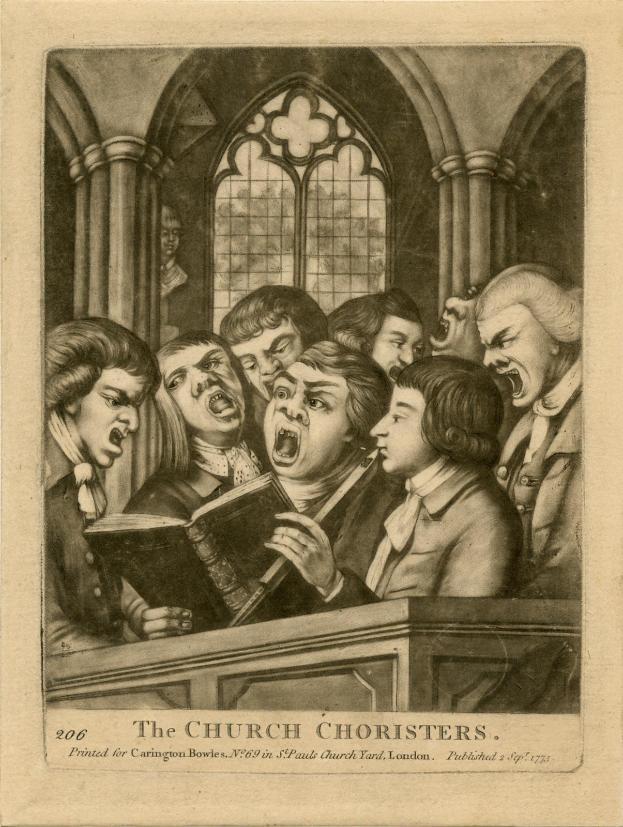 Eine Gruppe von Menschen, die in einer Kirche singen, mit einer Person, die ein Buch hält, Säulen und ein Fenster im Hintergrund und einem Text unten, der "Die Kirchenchoristen" lautet.