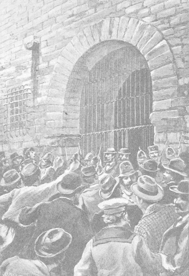 Schwarz-weiß-Zeichnung einer Menge vor einer Backsteinwand mit einem Fenster und Gittern, mit Text unten, der lautet: "Hinrichtung von Victor Hugo Münsters im Gefängnis 1892".