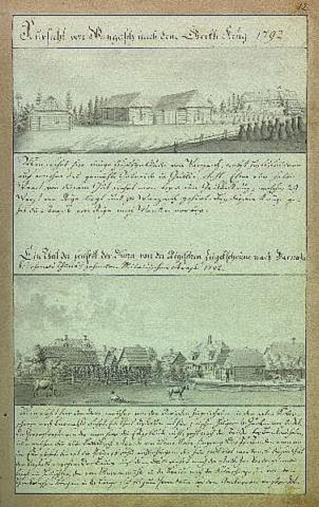 Ein deutsches Regierungsdokument aus dem Jahr 1795 mit einer Zeichnung eines Dorfes.