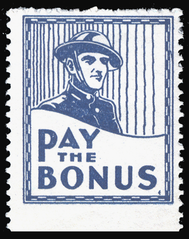 Eine Briefmarke mit dem Text "Bonus zahlen" und einer Abbildung einer Person mit Hut.