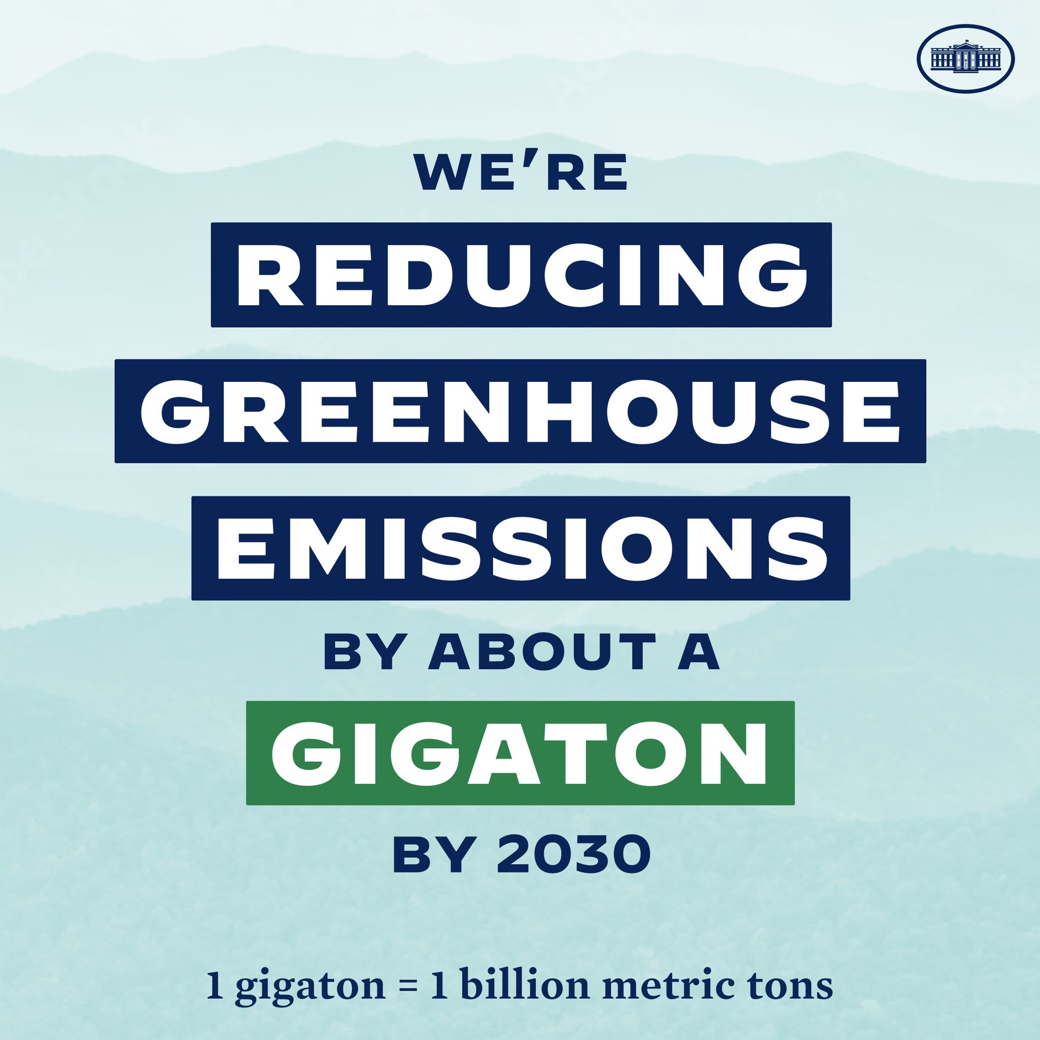 Plakat mit Text und Logo, das besagt: "Wir reduzieren die Treibhausgasemissionen um etwa eine Gigatonne bis 2030", und für eine signifikante Reduzierung der Treibhausgase bis 2030 wirbt.