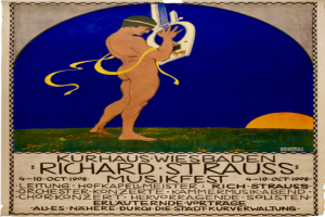 Ein Plakat für das Richard Strauss Musikfest, das einen Mann zeigt, der ein Musikinstrument spielt, mit Text, der Informationen zum Event enthält.