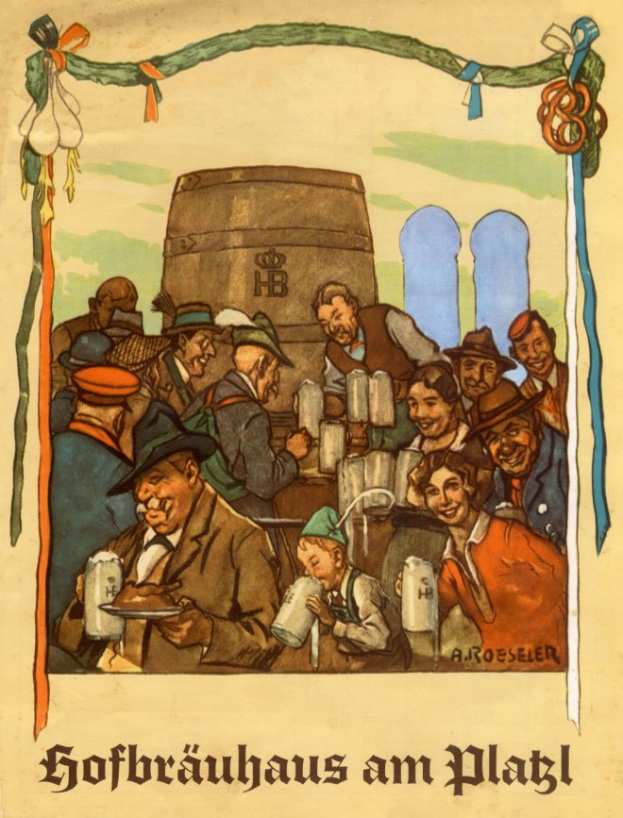 Ein Plakat, das ein Bierfest in Deutschland ankündigt und eine Gruppe von Menschen zeigt, einige halten Biergläser, im Hintergrund ein Fass und deutscher Text unten.