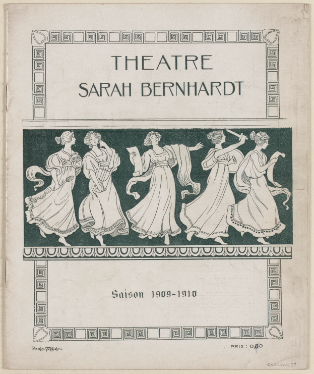 Ein Vintage-Plakat des Theaters Sarah Bernhardt von 1909-1910, das eine Gruppe von Frauen in der Mitte und Text zeigt, der das Theater und seine Künstler beschreibt.