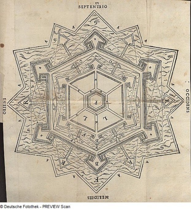 Ein altes Buch mit einer detaillierten Mandala-Zeichnung auf dem Cover, das komplexe Linien und Formen sowie sichtbaren Text auf dem Papier und ein Wasserzeichen unten zeigt.