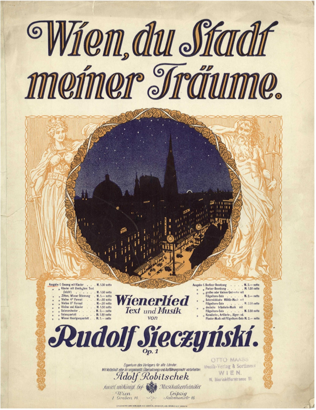 Ein Vintage-Plakat, das die Oper "Wien, du Stadt Meiner Träume" von Rudolf Sieczynski ankündigt, mit einer Stadtansicht und beschreibendem Text.