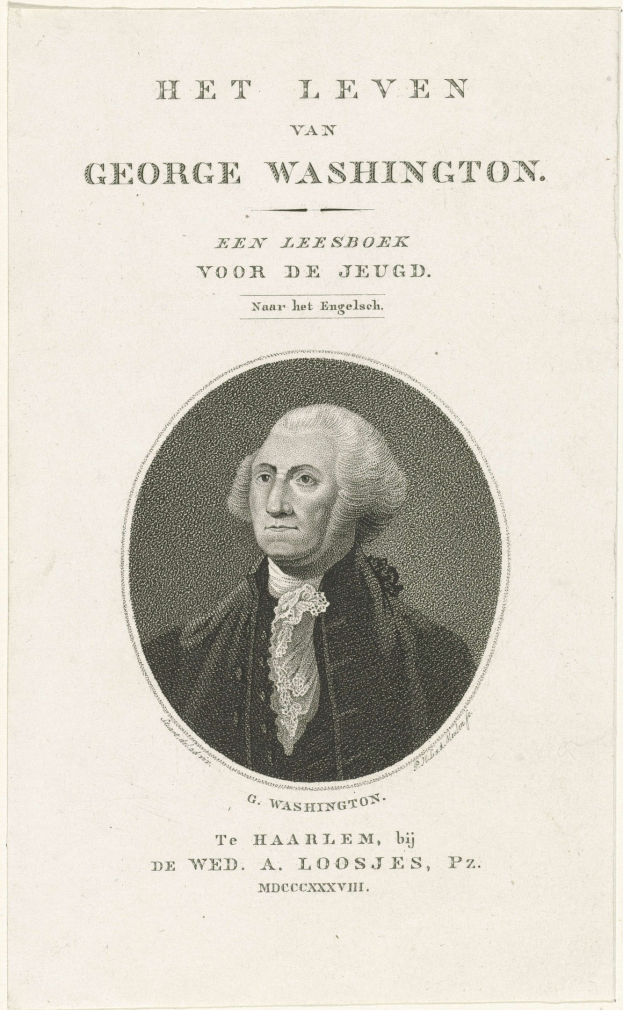 Porträt von George Washington auf Papier mit Text, der nach vorne zeigt, mit einem ernsten Gesichtsausdruck, trägt einen Anzug und eine Krawatte, zurückgekämmtes Haar sichtbar.