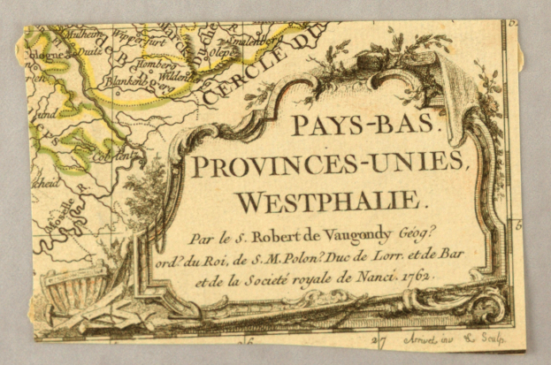 Ein altes Kartenblatt von Westfalen auf Papier, das geografische Merkmale wie Flüsse, Berge und St√§dte zeigt, mit begleitendem Text, der zus√§tzliche Informationen √ľber die Region und ihre Bewohner liefert.