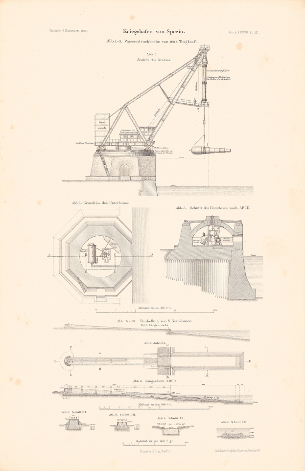 Eine detaillierte Zeichnung eines Krans mit ausgefahrenem Arm und geneigtem Kopf, begleitet von beschreibendem Text auf Papier.