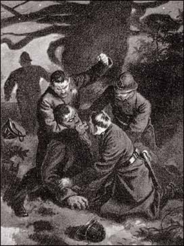 Eine Schwarz-Weiß-Illustration einer Gruppe von Männern im Wald, wobei einer ein Objekt hält und unten ein Text steht, der 'Der Tod eines deutschen Soldaten' lautet.