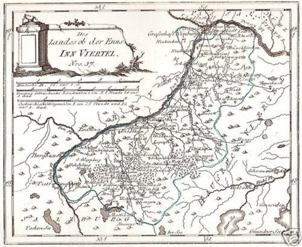 Eine detaillierte Karte des Rheins in Deutschland, die seinen gewundenen Verlauf durch die Region zeigt, mit beschrifteten Sehenswürdigkeiten und geografischen Merkmalen, begleitet von Text und einem Bild einer Säule.
