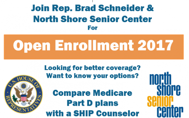 Ein Plakat mit dem Text "Treten Sie der Kampagne von Rep. Brad Schneider und North Shore Senior Center für die Open Enrollment 2017 bei" und einem Logo.