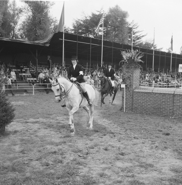 Schwarzes und weißes Foto von zwei Menschen, die auf Pferden in einem Reitsport reiten, mit einer Person in einem schwarzen Kleid und Hut vorne und einem weißen Pferd dahinter, umgeben von Zuschauern, Pfosten, Fahnen, einem Schuppen, Bäumen und Himmel.