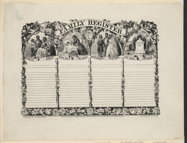 Schwarz-weißes Familienregister mit Gruppenfoto in der Mitte und handgeschriebenem Text mit Familieninformationen.