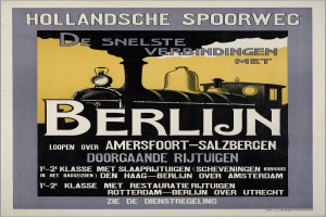Ein Plakat, das eine Bahnfahrt in Berlin, Deutschland, bewirbt, mit einem Bild einer Bahn und Text darauf.