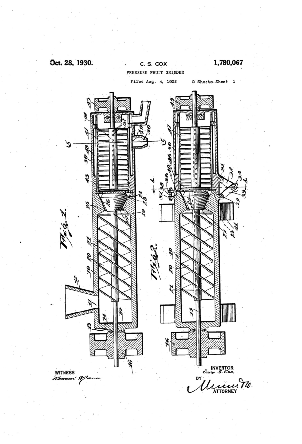 Schwarze und weiße Linienzeichnung einer hydraulischen Pumpe mit dem Text "US Patent 1,780,077" und "Patent für eine hydraulische Pumpe" auf einem weißen Hintergrund.
