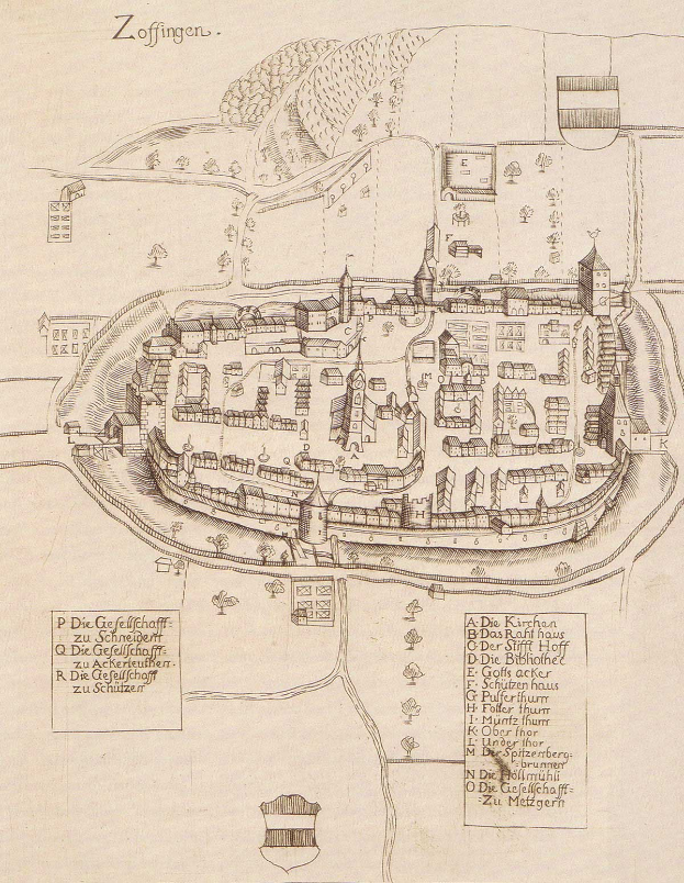 Ein detailliertes altes Stadtplan von Zoffingen, Deutschland, der die Stadtlayout mit Straßen, Gebäuden, Bäumen und begleitenden Text zeigt, der Informationen über die Stadt bereitstellt.