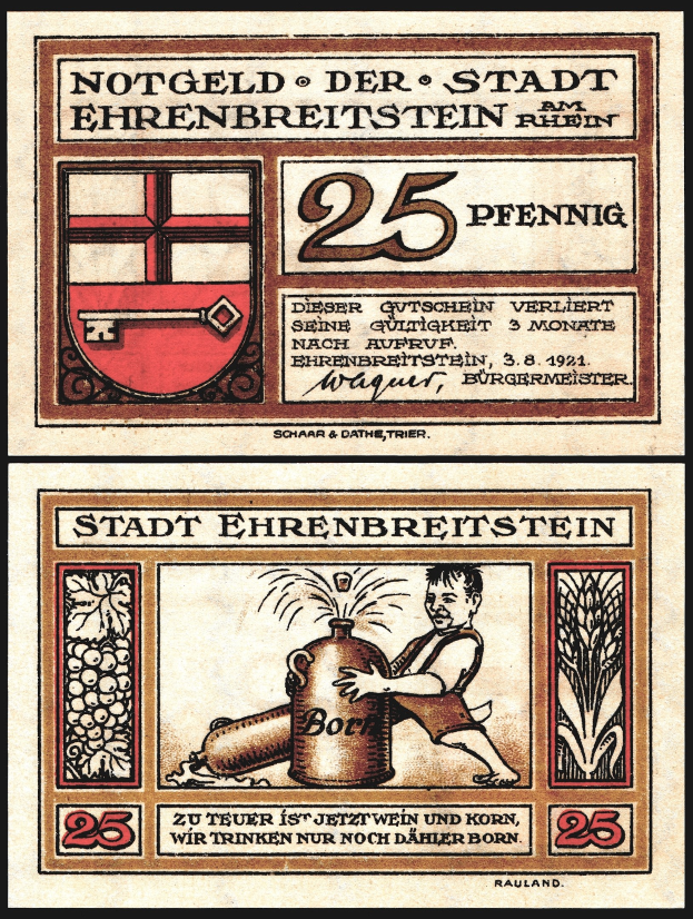 Deutsche Banknote zeigt Mann in weißem Hemd und blauem Hut mit Bierflasche, mit verschmitztem Gesichtsausdruck, umgeben von Text einschließlich des Wortes "Bier" und einem gekrönten Schild-Logo.