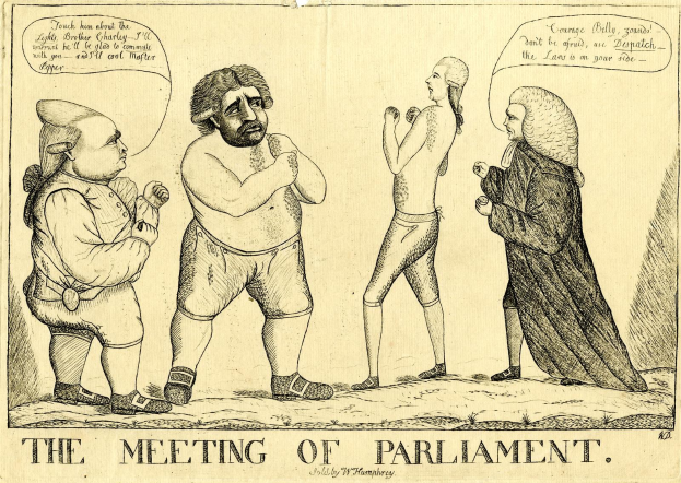 Ein Bleistiftzeichnen mit dem Titel "Die Parlamentssitzung" zeigt drei Personen, die stehen und diskutieren, wobei eine Person energisch gestikuliert.