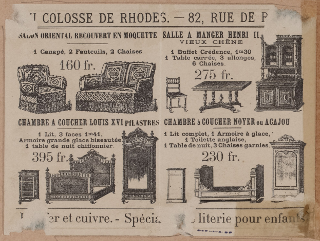 Schwarz-weiß-Anzeige für ein Möbelgeschäft, das eine Couch, einen Stuhl und einen Tisch zeigt.