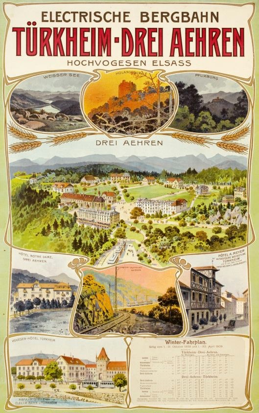 Plakat zur Werbung für die Bergbahn, Deutschland, zeigt Gebäude, Bäume, Hügel und beschreibenden Text über die Stadt.