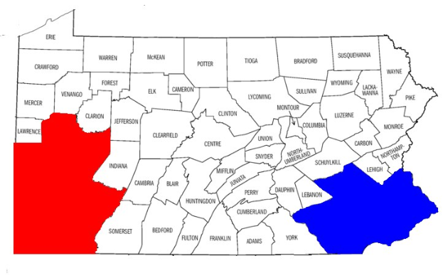 Eine Karte von Pennsylvania, die Wahlergebnisse zeigt, mit Landkreisen in rot und blau hervorgehoben und beschriftet mit "Pennsylvania Wahl Ergebnisse".
