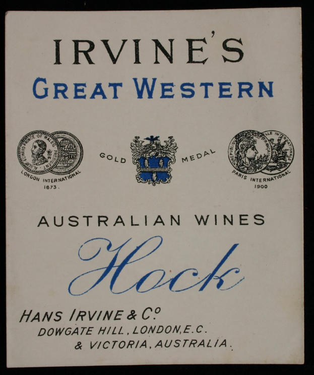 Plakat, das Irvine's Great Western Australian Wines Hock bewirbt, mit Firmenlogos und Text, der die Weinarten angibt.