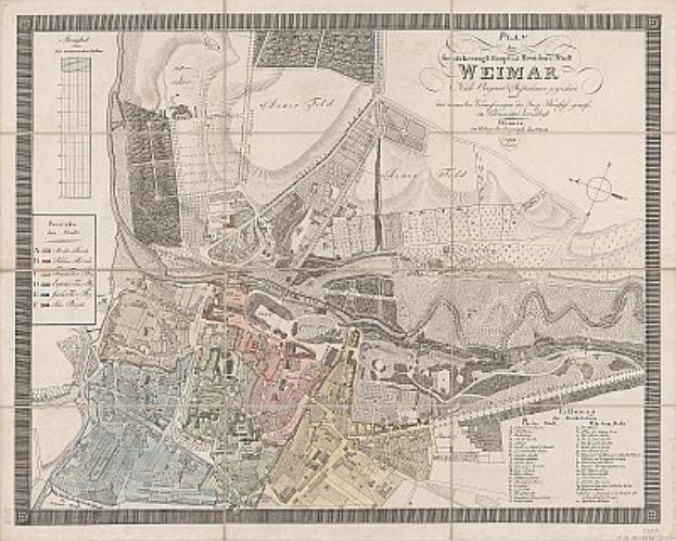 Ein detaillierter alter Stadtplan von Weimar, Deutschland, der Straßen, Gebäude, Sehenswürdigkeiten und Text enthält, der Informationen über die Bevölkerung und bekannte Orte der Stadt bereitstellt.