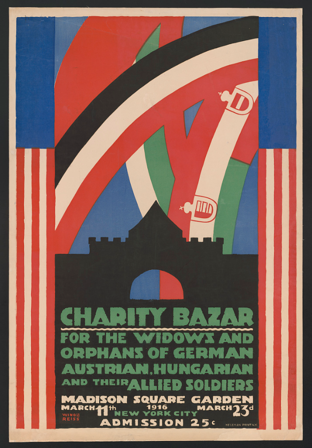 Ein Plakat für einen Wohltätigkeitsbasar zugunsten der Witwen und Waisen von Soldaten verschiedener Nationen, mit Text zu den Einzelheiten des Events.