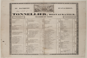 Ein altes Buch mit einer Speisekarte darin, das Text und ein Bild enthält, das die Angebote des Restaurants beschreibt.