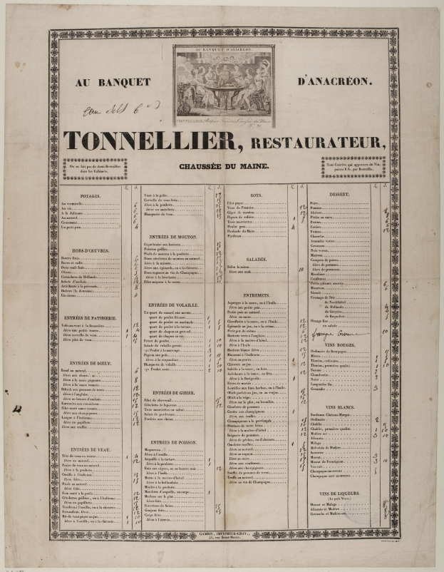 Ein altes Buch mit einer Speisekarte darin, das Text und ein Bild enthält, das die Angebote des Restaurants beschreibt.