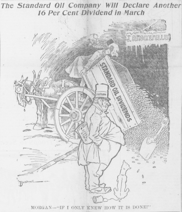 Eine Karikatur eines Mannes, der neben einem von einem Pferd gezogenen Wagen mit einem Rad in der Mitte steht, mit der Inschrift "Die Standard Oil Company wird im März erneut eine 16-prozentige Dividende ausschütten."