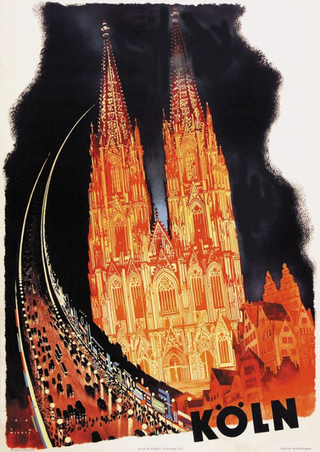 Illustrierter Plakatentwurf von Kölner Dom mit Textwerbung für Kölner Bahnhofsdienste.