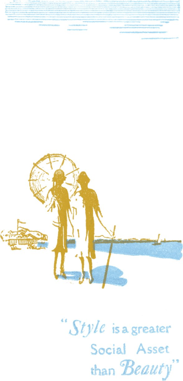 Ein minimalistisches Plakat mit einem weißen Hintergrund und einem hellblauen Rand zeigt zwei Figuren, die sich umarmen, mit der fetten Schrift "Stil ist ein größeres soziales Kapital als Schönheit" darüber.