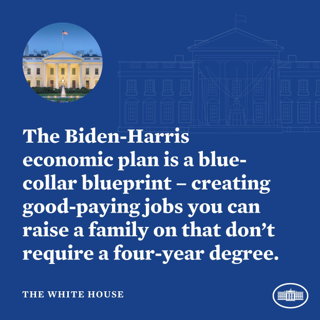 Plakat mit dem Weißen Haus, das den Biden-Harris-Wirtschaftsplan als Blueprint für blue-collar-Jobs präsentiert.
