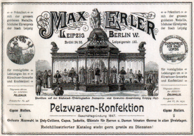 Eine alte Werbung für Max Erler Leipzig in Berlin, Deutschland, die eine Gruppe von Menschen vor einem Gebäude zeigt, mit Text, der ein Ereignis bewirbt.