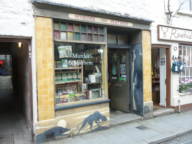 Ein Ladengeschäft namens 'Mord und Totschlag' mit Regalen voller Bücher, verschiedenen Gegenständen, Texttafeln, Pflanzen mit Blumen, einem Baum und einer Straße im Vordergrund.